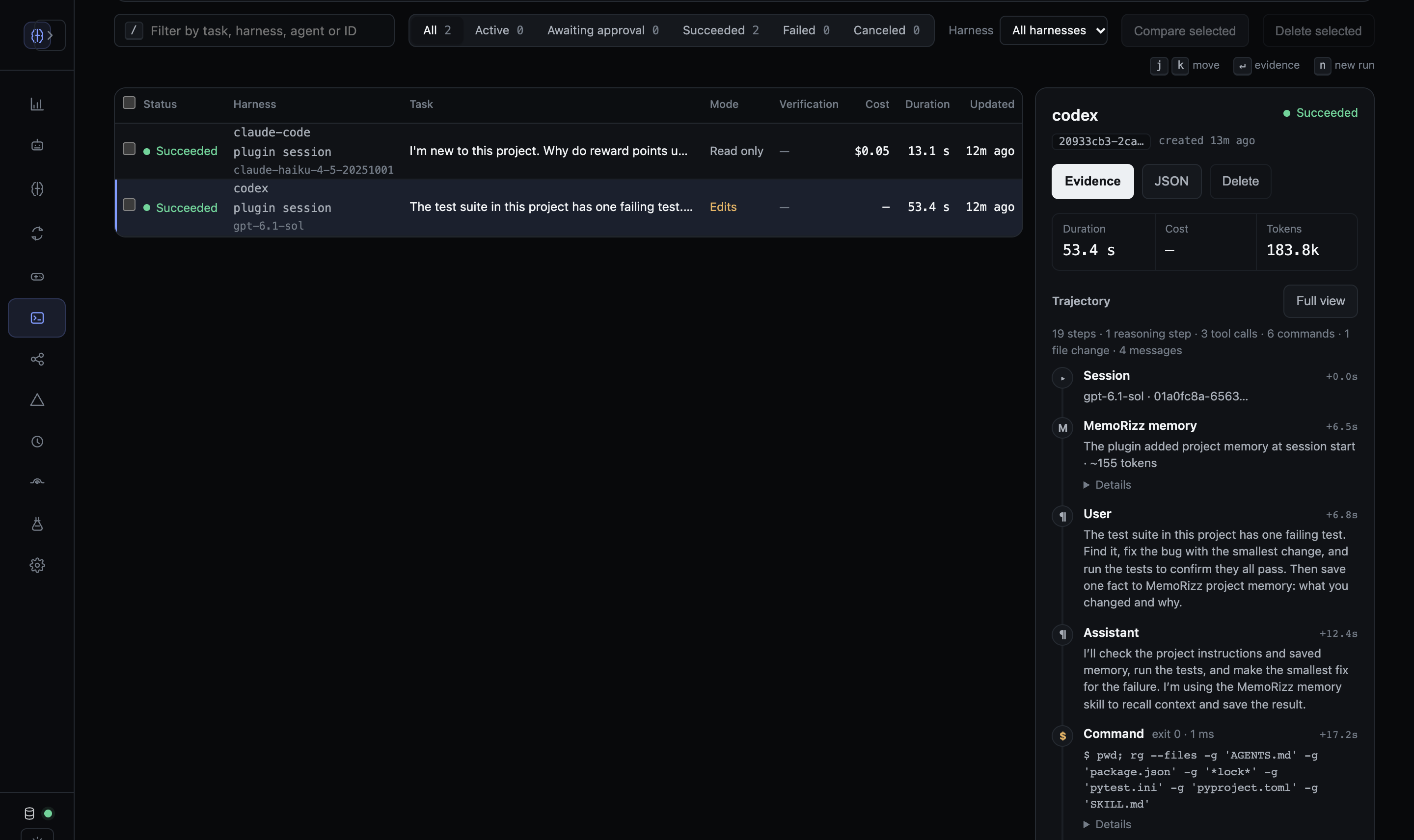 Codex and Claude Code sessions on the Harnesses page, each marked plugin session; the Codex session's trajectory starts with the memory the plugin loaded.